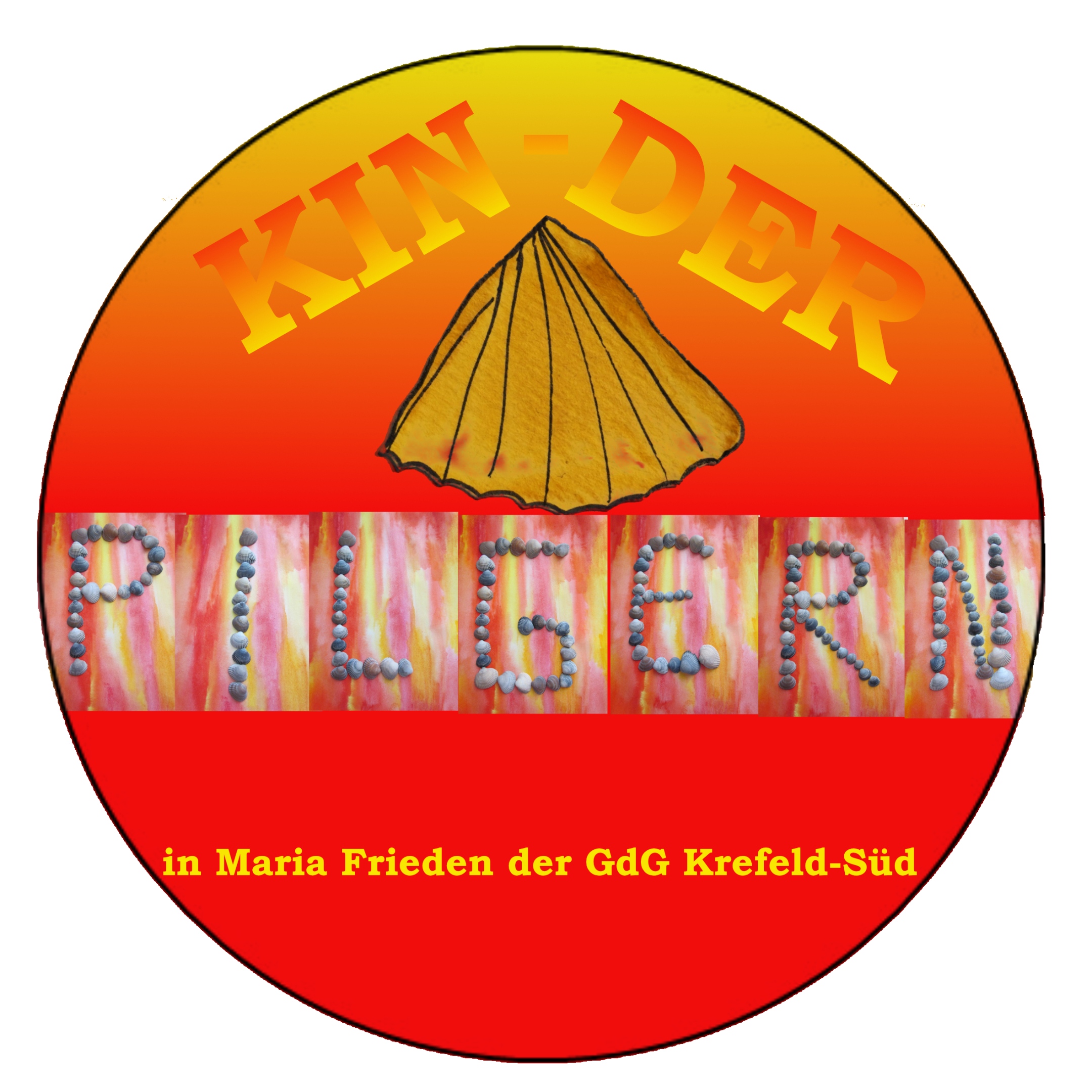 Kreisbild mit einer gamlten Muschel in der Mitte, darunter das Wort Pilgern aus Muschelbuchstaben