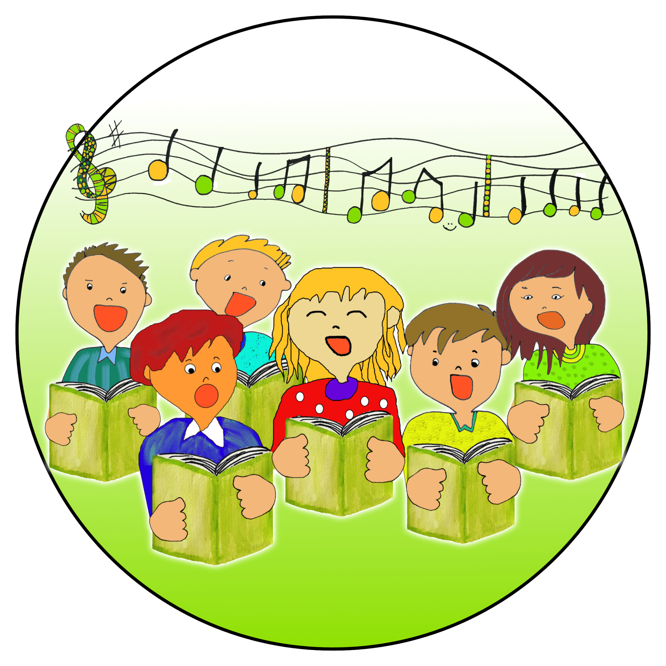 Kreisbild: Notenlinie mit farbigen Noten und 6 singende Kinder