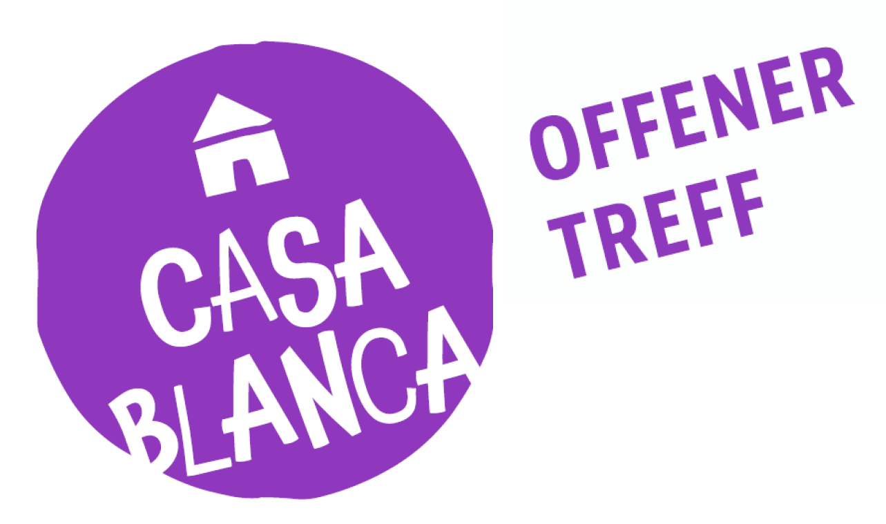Rechteck: Worte 'Casa Blnaca' als weiße Schrift in einem violetten Kreis mit Haus darüber, Worte 'Offener Treff' steht neben dem Kreis.