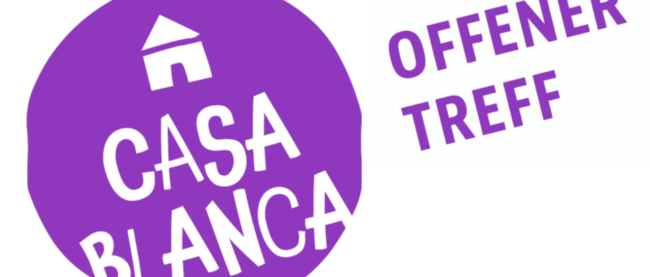Rechteck: Worte 'Casa Blnaca' als weiße Schrift in einem violetten Kreis mit Haus darüber,  Worte 'Offener Treff' steht neben dem Kreis.