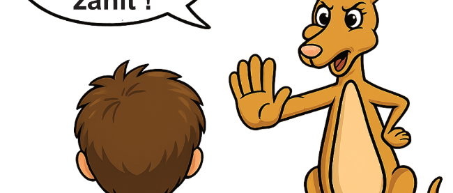Kängu mit hochgehaltener Hand mit einer Sprechblase mit 'STOPP! (in rot) und 'Meine Grenze zählt', am linken unteren Rand der Rücken eines Jungen mit einem grünen Pullover.