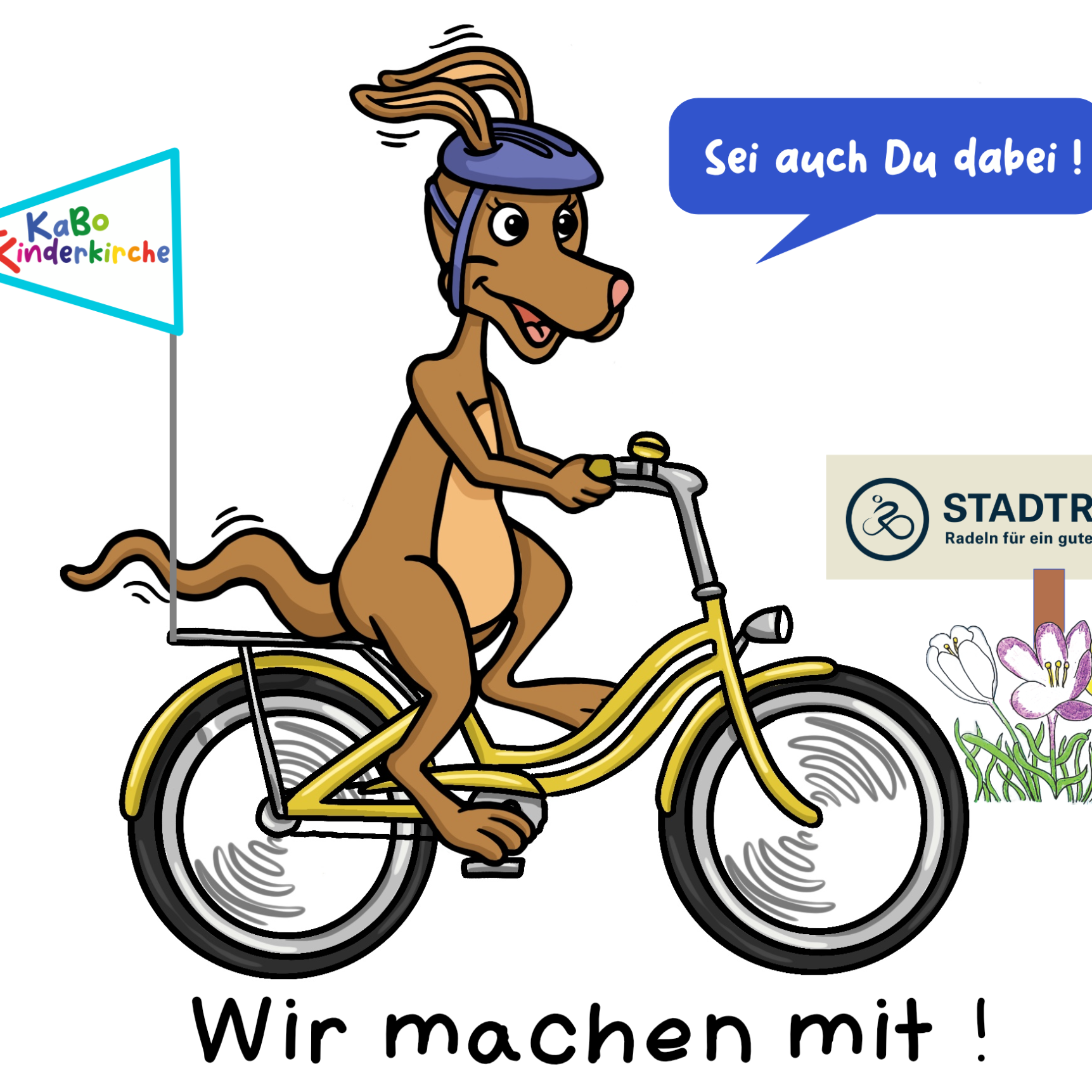 Kängu auf einem gelben Farrad sitzend mit einem lila Fahrradhelm. Am Ende des Fahrrads weht eine türkise Fahne mit dem Logo der KaBo Kinderkirche. An der Seite findet sich eine bunte Blumenwiese und ein blaues Schild. Auf diesem Schild ist in blauer Farbe der Schriftzug 'STADTRADELN - Radeln fürs Klima' zu lesen.