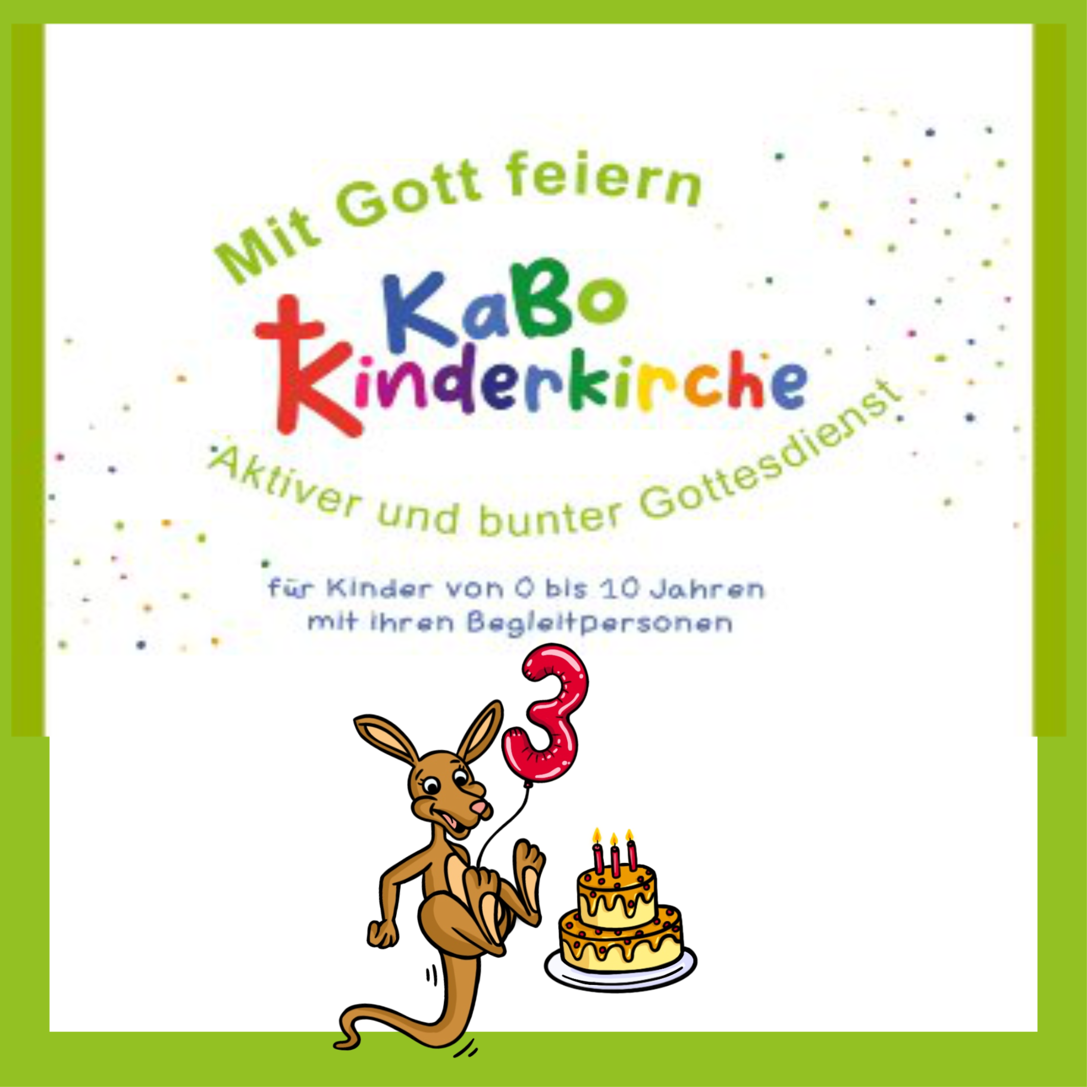 Kängu hat einen roten Luftballon in Form einer Drei. Neben Kängu ist eine bunte Torte. Die Torte hat die Farben gelb und orange.