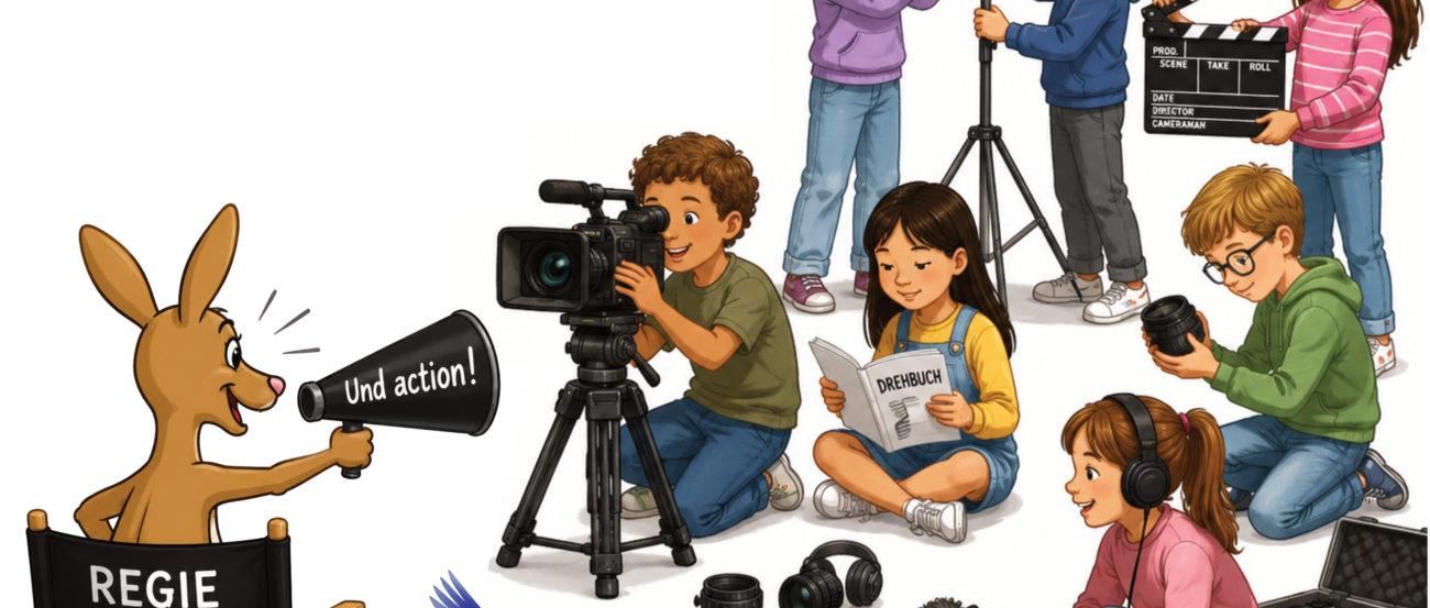 Ein Känguru sitzt auf einem Stuhl mit der Aufschrift 'REGIE' und hält eine Filmklappe mit dem Text 'Und action' vor eine Gruppe von Kindern, die Filmkamera, Mikrofon, Scheinwerfer und Drehbuch halten, während ein Vogel singt.