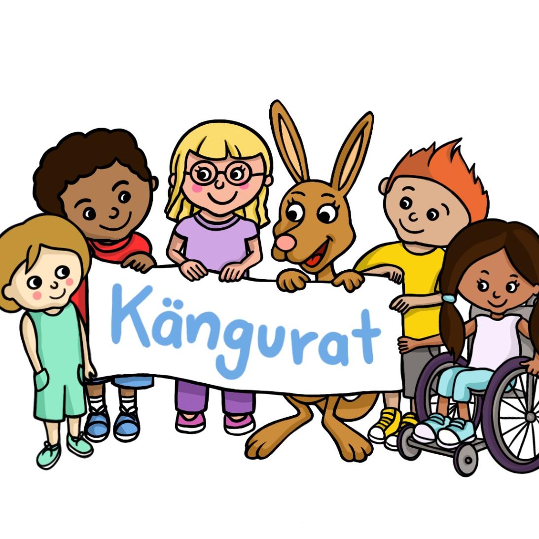 Das Logo des Kängurates. Mehrere Kinder mit unterschiedlichen farbigen Kleidungsstücken halten ein weiße Plakat hoch. Auf dem Plakat die Aufschrift in hellblauer Farbe 'Kängurat'.