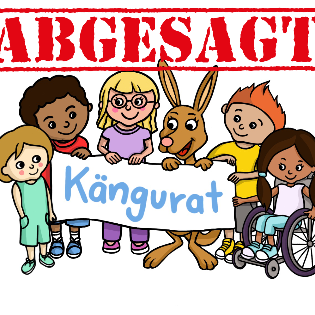 Das Logo des Kängurates. Mehrere Kinder mit unterschiedlichen farbigen Kleidungsstücken halten ein weiße Plakat hoch. Auf dem Plakat die Aufschrift in hellblauer Farbe 'Kängurat'.  Darüber der Schriftzug 'Abgesagt'.