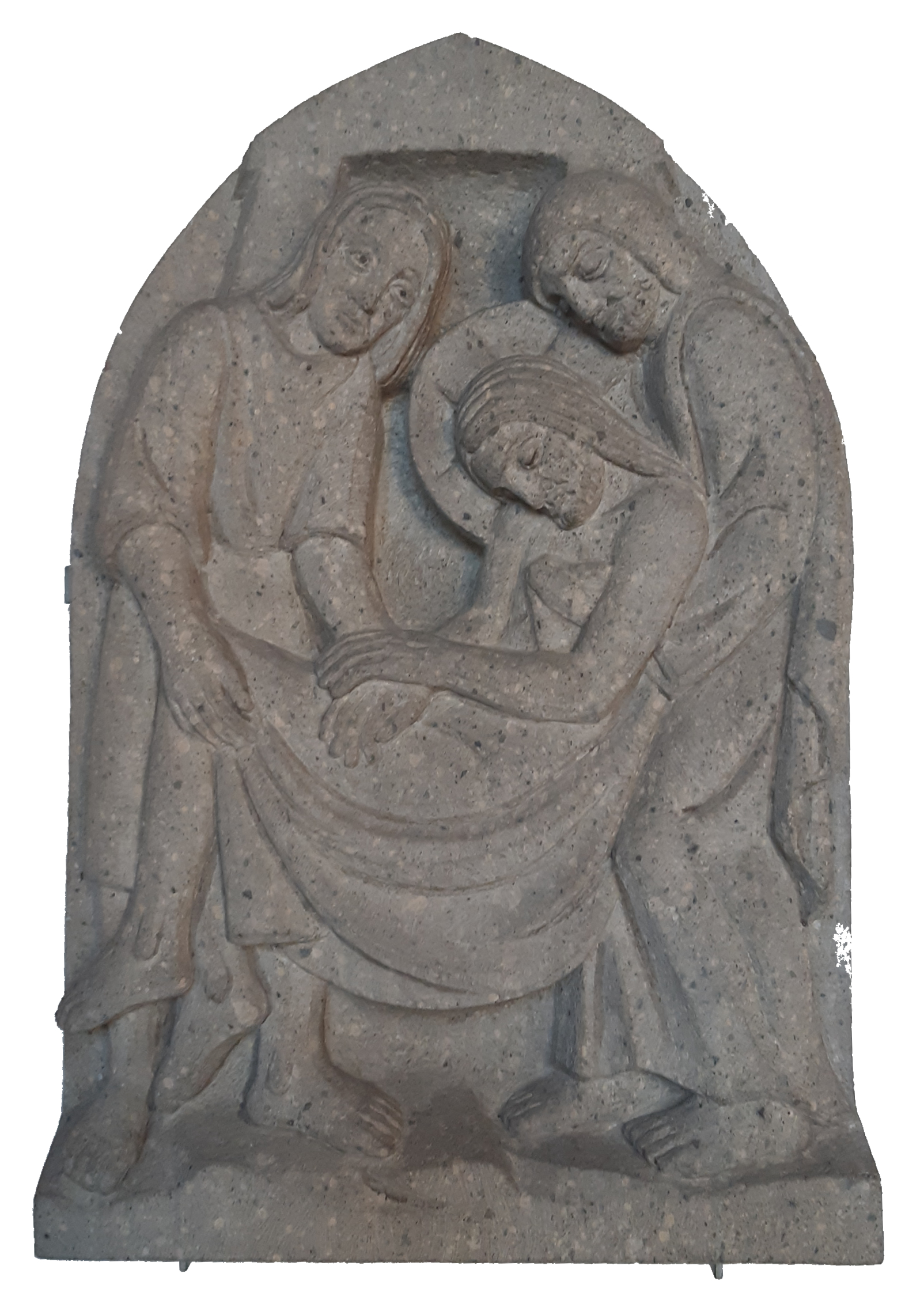 steinerne Kreuzwegstation 14:Jesus wir von 2 Männdern in ein Grab gelegt.