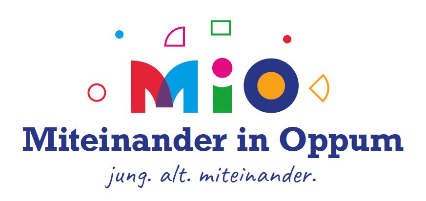 Die Buchstaben M, I und O sind verschiedenfarbig gemalt und werden durch Kreise und Rechtecke umrahmt, darunter der Text: Miteinander in Oppum; jung, alt. miteinander