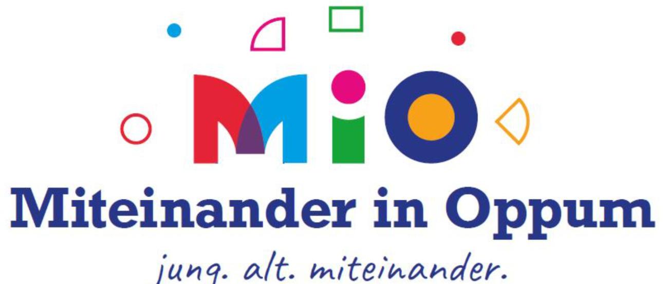 ie Buchstaben M, I und O sind verschiedenfarbig gemalt und werden durch Kreise und Rechtecke umrahmt, darunter der Text: Miteinander in Oppum; jung, alt. miteinander