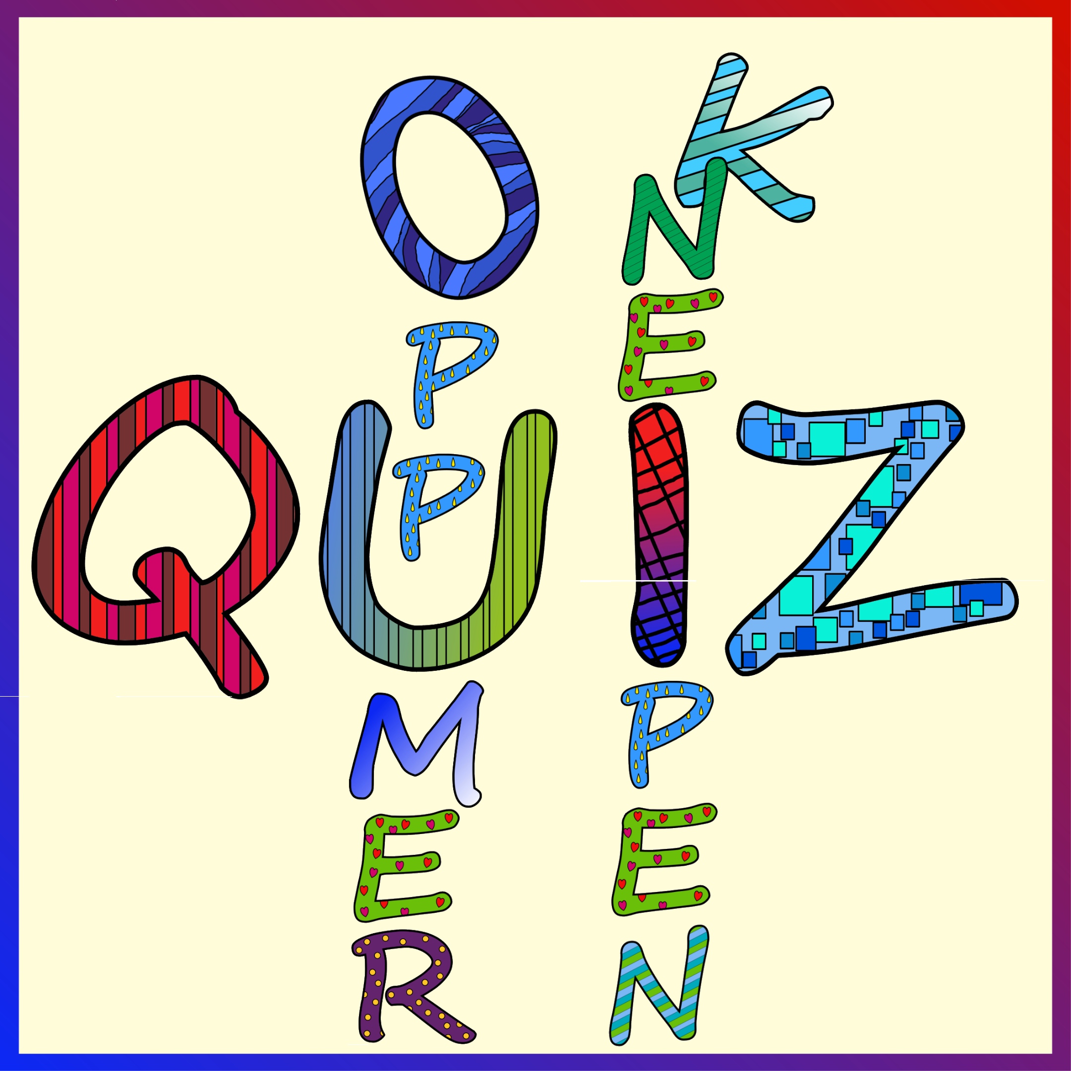 farbige Buchstaben stehen kreuzworträtselartig zusammen: Oppumer Kneipenquiz