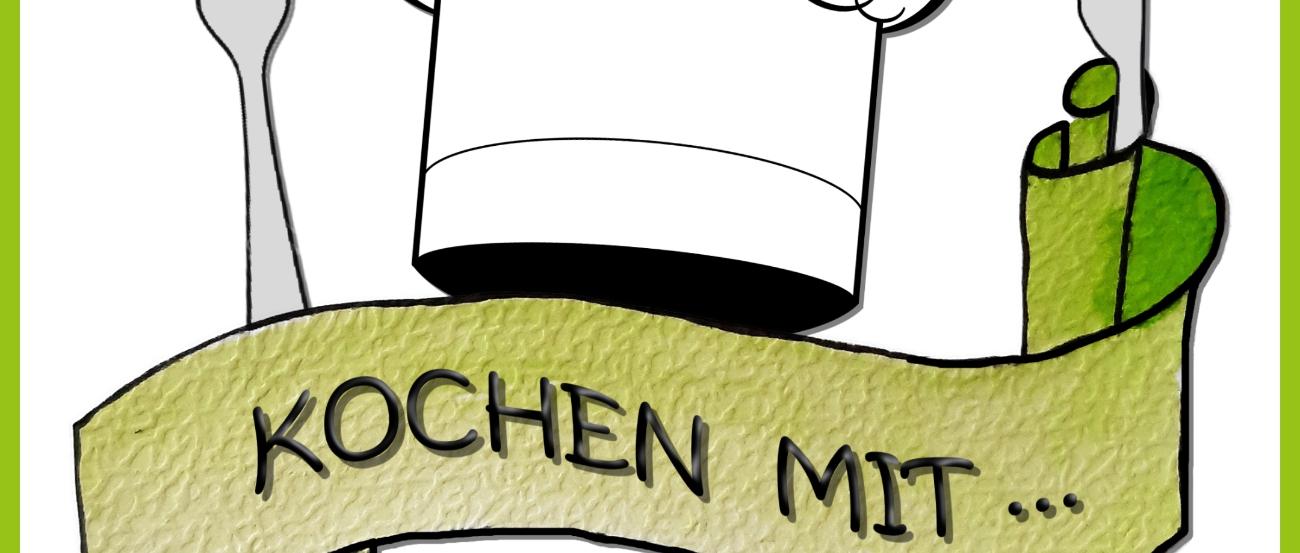 Kochmütze über Schriftbanderole, aus der eine Gabel und ein Messer hervorschauen.