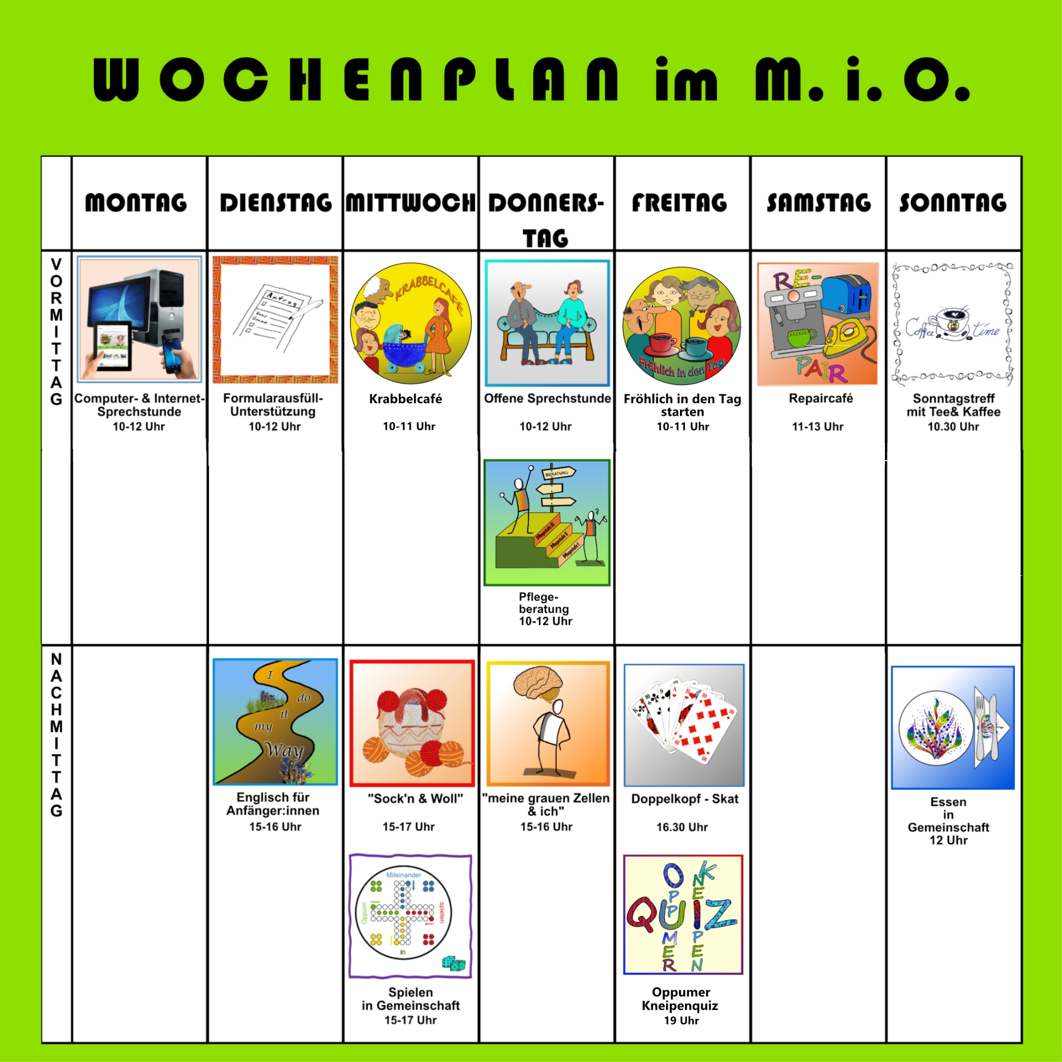 Wochenplan-Übersicht mit den Symbolen zu den Bereichen
