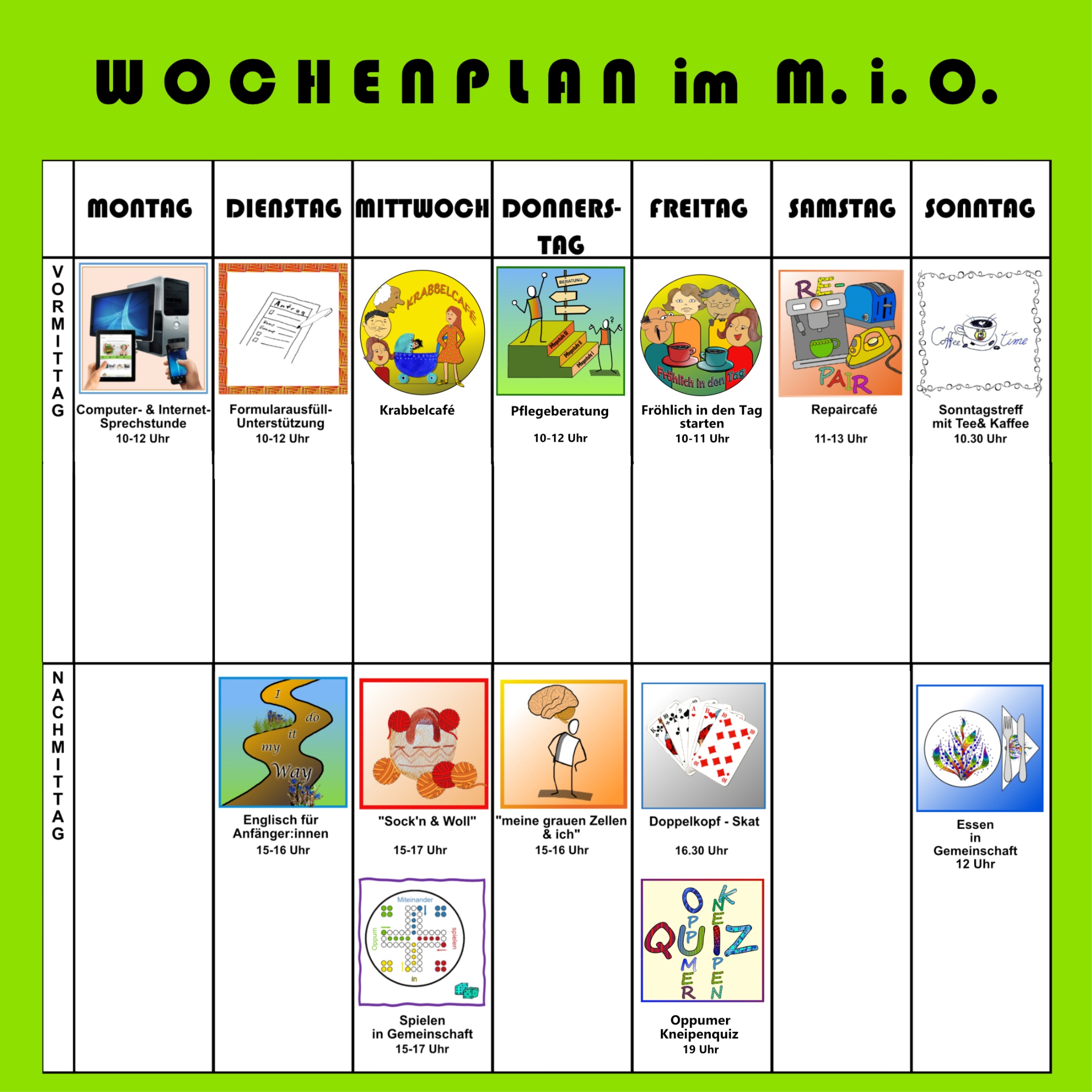 Wochenplan-Übersicht mit den Symbolen zu den Bereichen