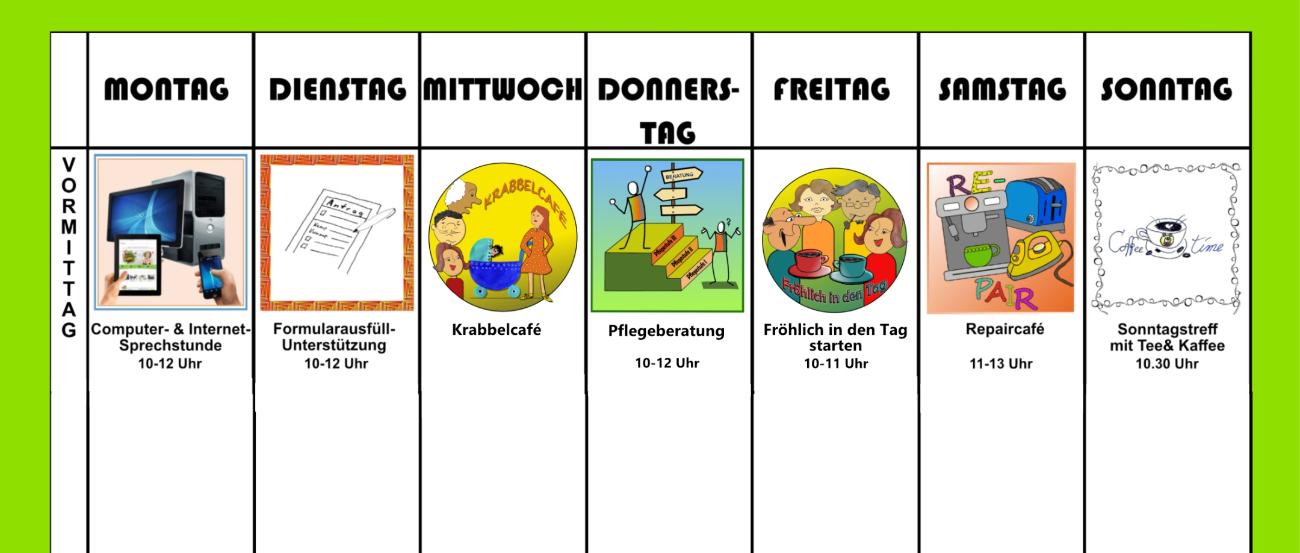 Wochenplan-Übersicht mit den Symbolen zu den Bereichen