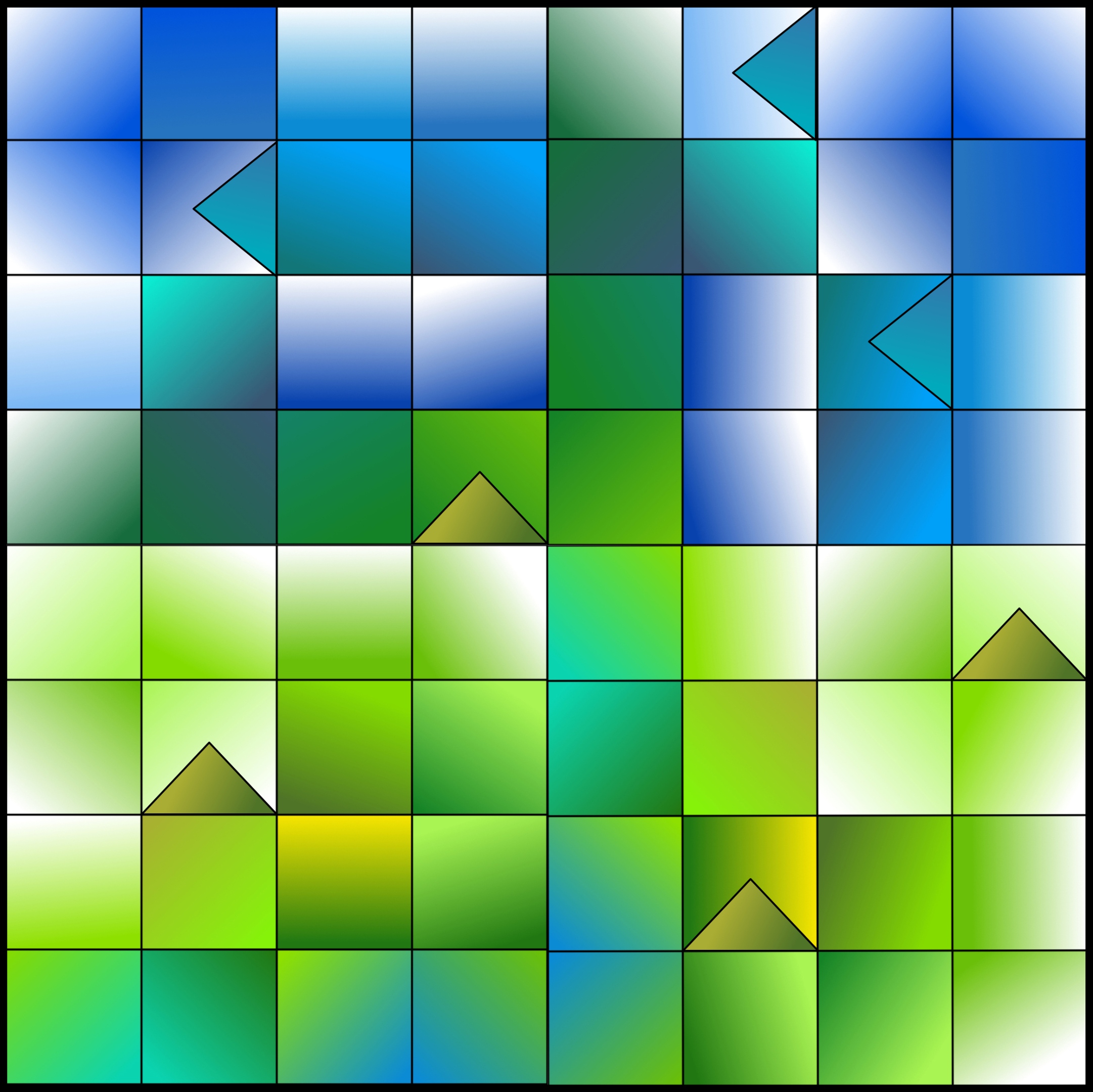 gemaltes Quadrat mit vielen quadraten in blau-grün-gelb Tönen, unterbrochen durch eingelegte Dreiecke