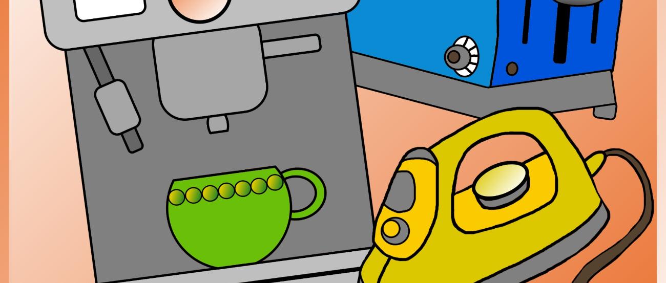 gemaltes Quadrat: Kaffemaschine, Bügleisen, Toaster, dazwischen die Buchstaben 'Repair'
