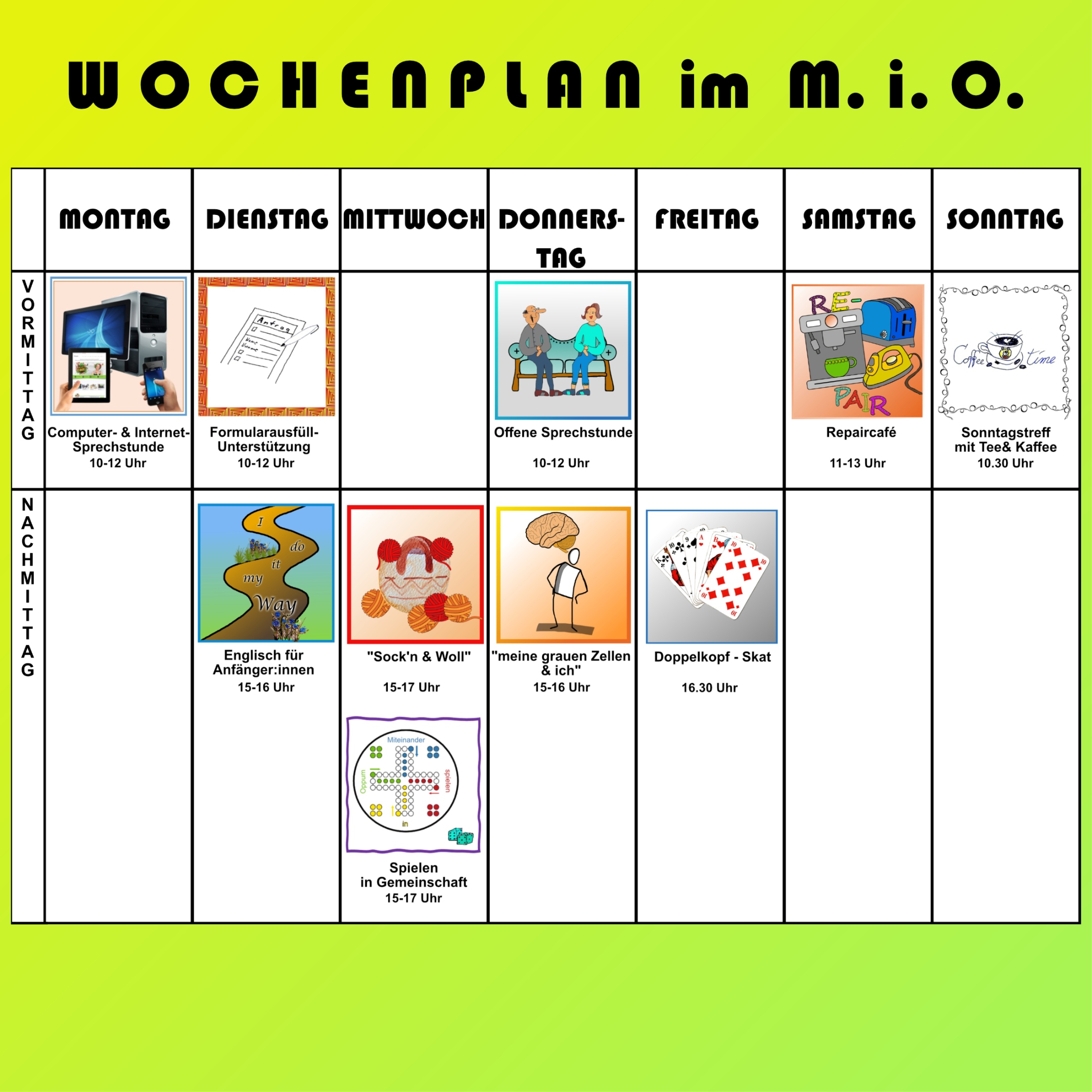 Wochenplan-Übersicht mit den Symbolen zu den Bereichen