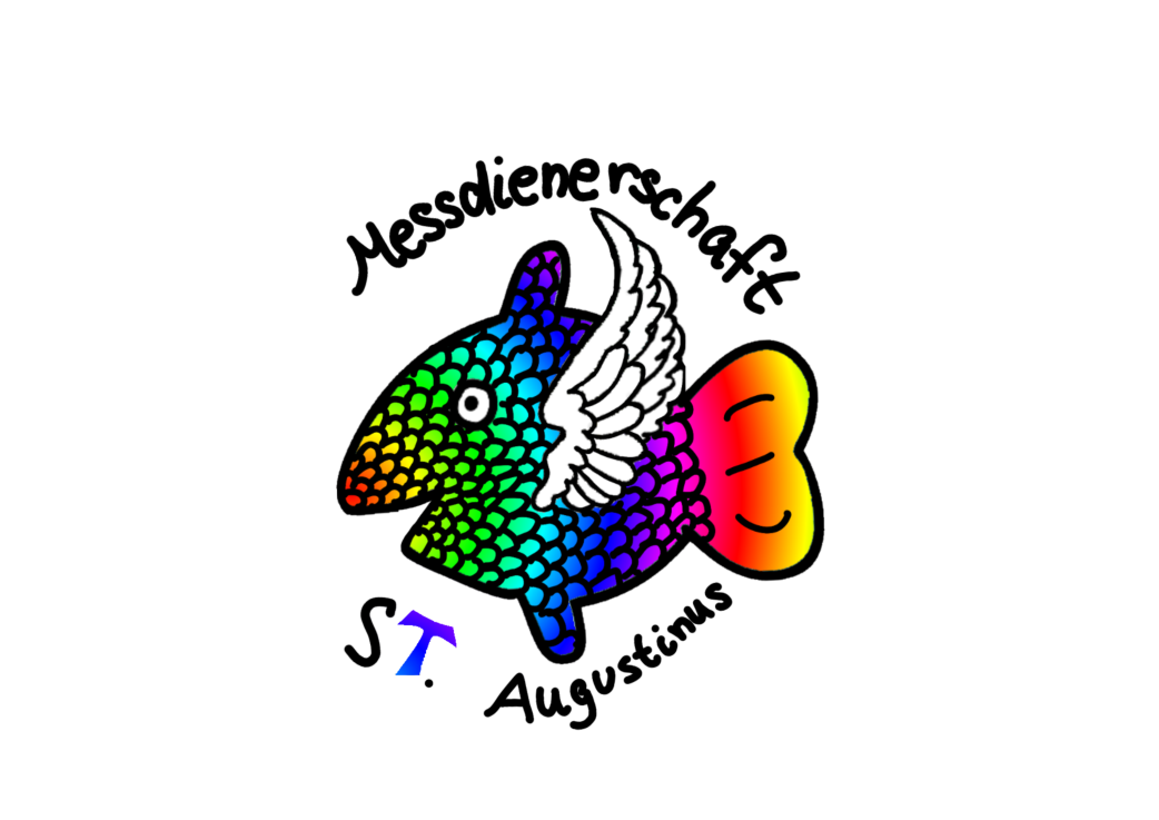 Bunter Fisch mit Flügel und Schuppenmuster, darüber der Schriftzug 'Messdienerschaft', darunter 'St. Augustinus'