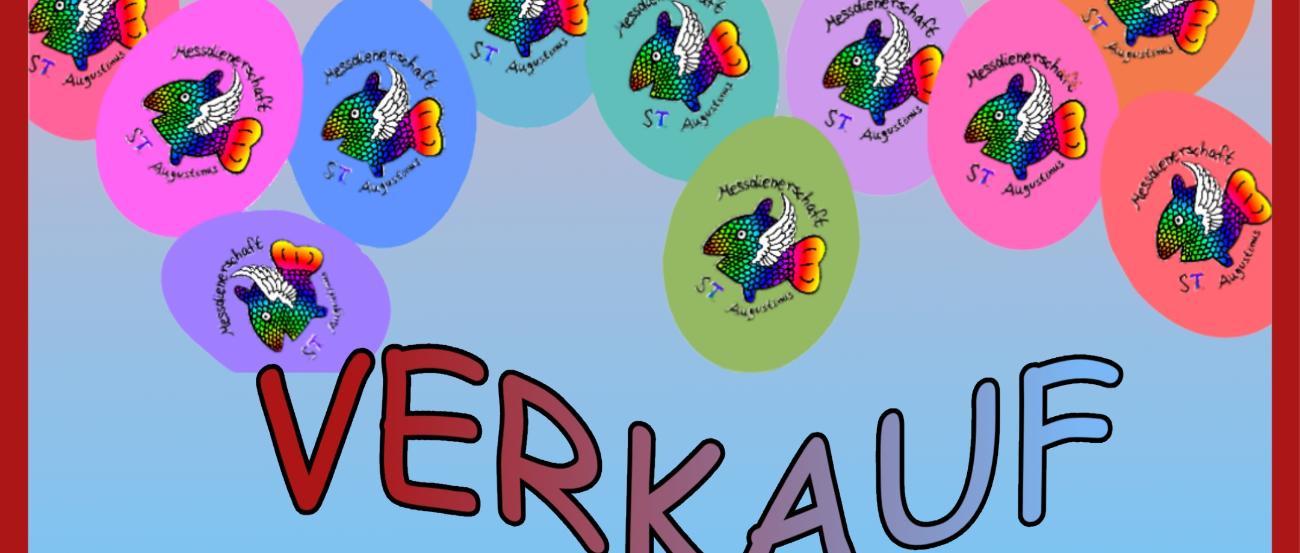 gemaltes Bild in rotem Rahmen: elf verschiedenfarbige Ostereier; darüber Titel