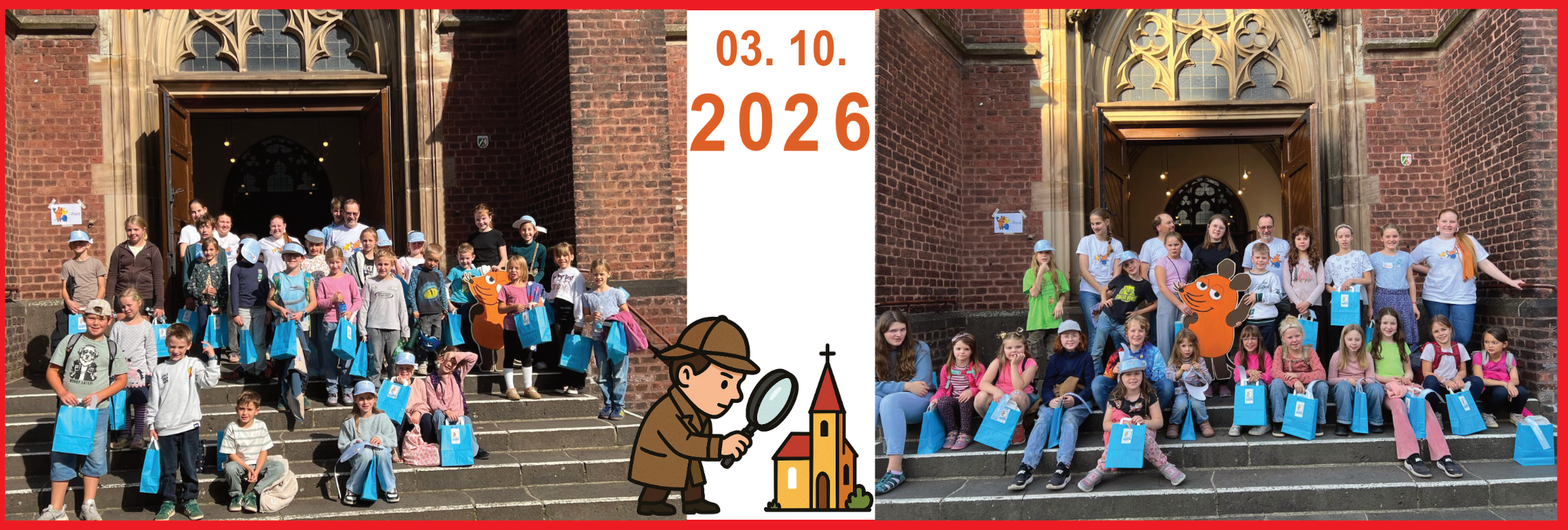 Zwei Gruppen von Kindern sitzen auf den Stufen vor einem Backsteingebäude mit großen Türen, darunter ein Cartoon-Ermittler mit Lupe und Kirche, dazwischen die Zahlen '03.10. 2026'.