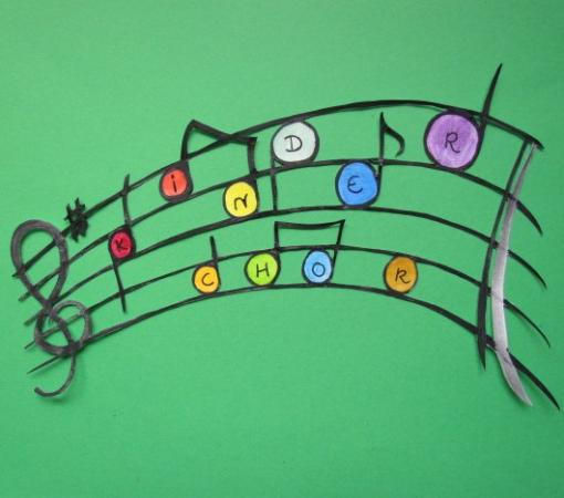 Notenband mit farbigen Noten. In den Noten stehen die Buchstaben 'Kinderchor'
