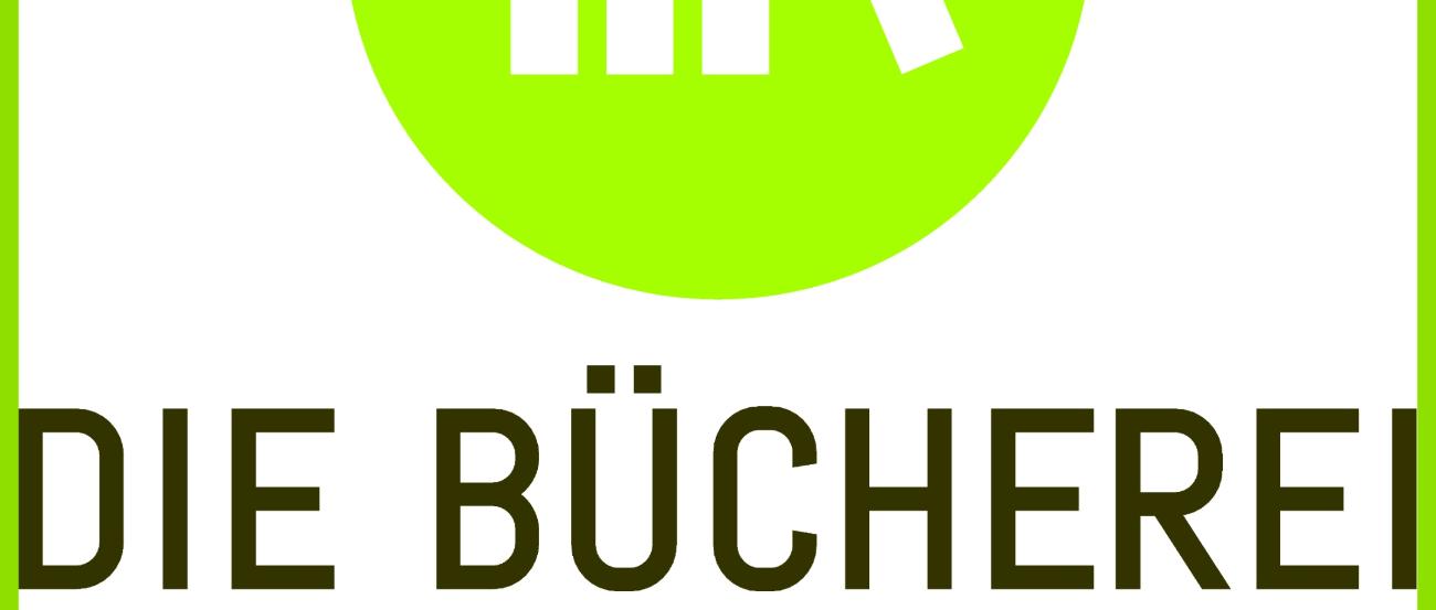 In grünem Rahmen grüner Kreis mit drei stehenden und einem angelehnten Buch in Weiß; darunter Schrift: 'Die Bücherei', Borromäusverein e.V.