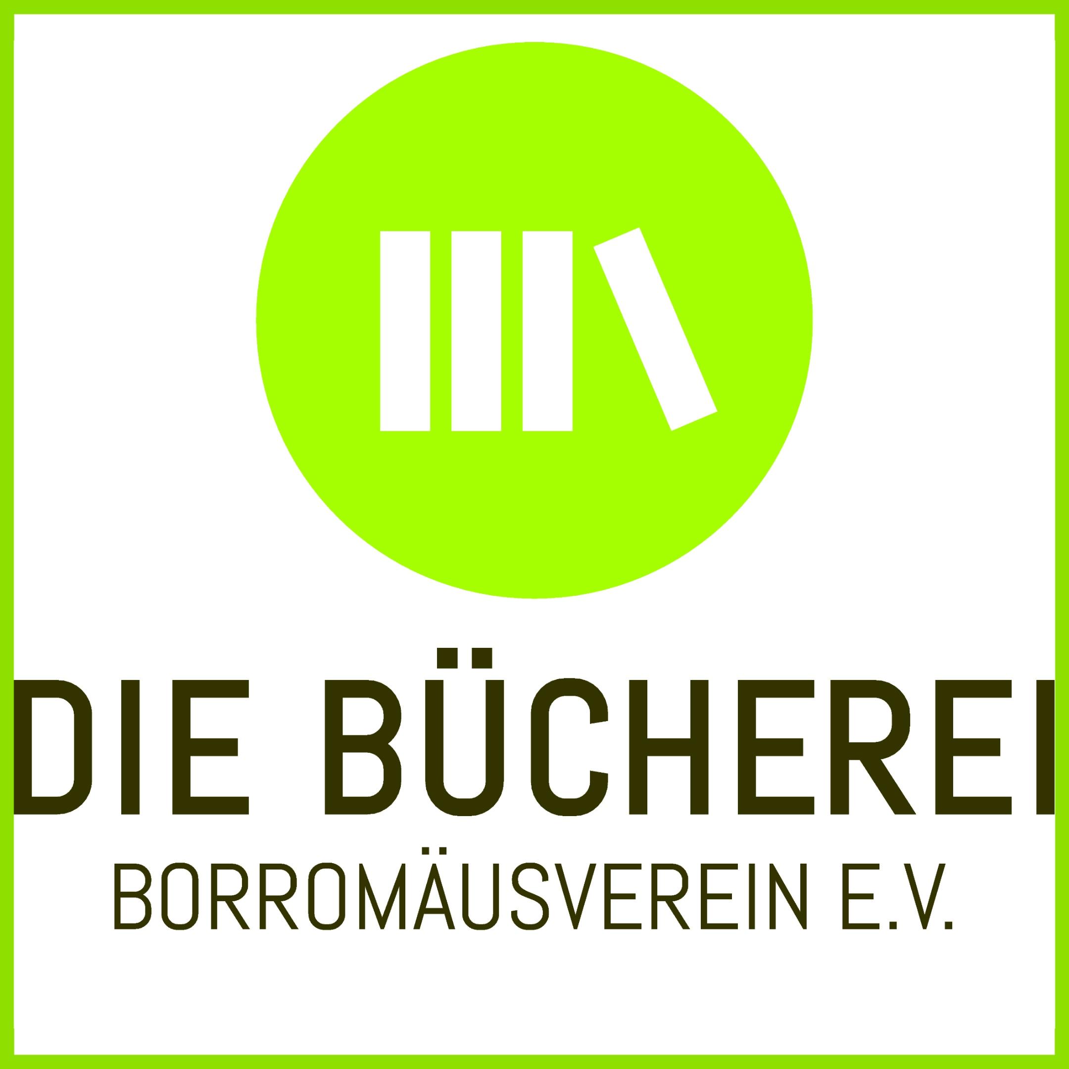 In grünem Rahmen grüner Kreis mit drei stehenden und einem angelehnten Buch in Weiß; darunter Schrift: 'Die Bücherei', Borromäusverein e.V.