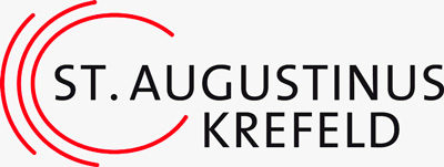 Logo: eine rote Kreislinie, die auf der rechten Seite geöffnet ist, Da stehen die Worte 'St. Augustinus Krefeld'. Links neben dem Dreiviertelkreis ein roter Halbkreis, dann noch weiter außen ein roter Viertelkreis