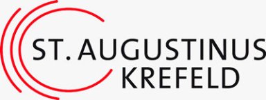 Logo: eine rote Kreislinie, die auf der rechten Seite geöffnet ist, Da stehen die Worte 'St. Augustinus Krefeld'. Links neben dem Dreiviertelkreis ein roter Halbkreis, dann noch weiter außen ein roter Viertelkreis