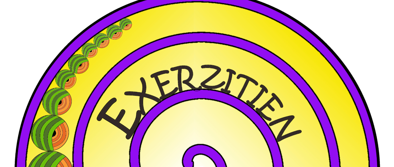 Kreis mit violetter Spirale auf gelbem Hintergrund; Worte: 'Exerzitien im Alltag' mit grün-orangenen Kugeln an der Seite, die immer kleiner werden.