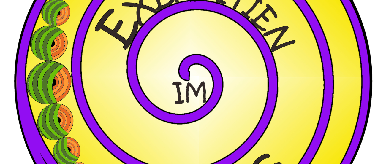 Kreis mit violetter Spirale auf gelbem Hintergrund; Worte: 'Exerzitien im Alltag' mit grün-orangenen Kugeln an der Seite, die immer kleiner werden.