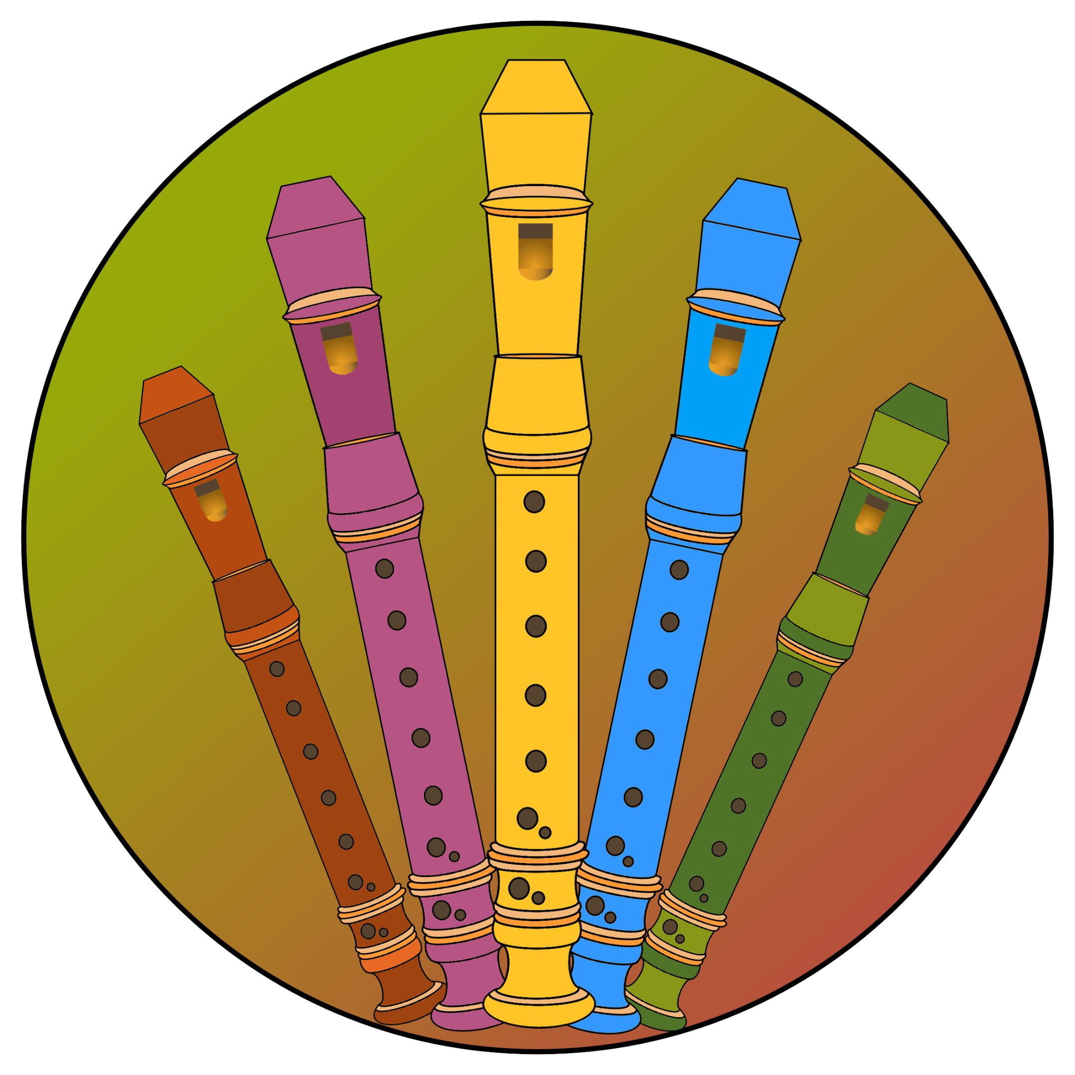Fünf verschiedenfarbige Blockflöten stehen gefächert in einem Kreis gemalt.
