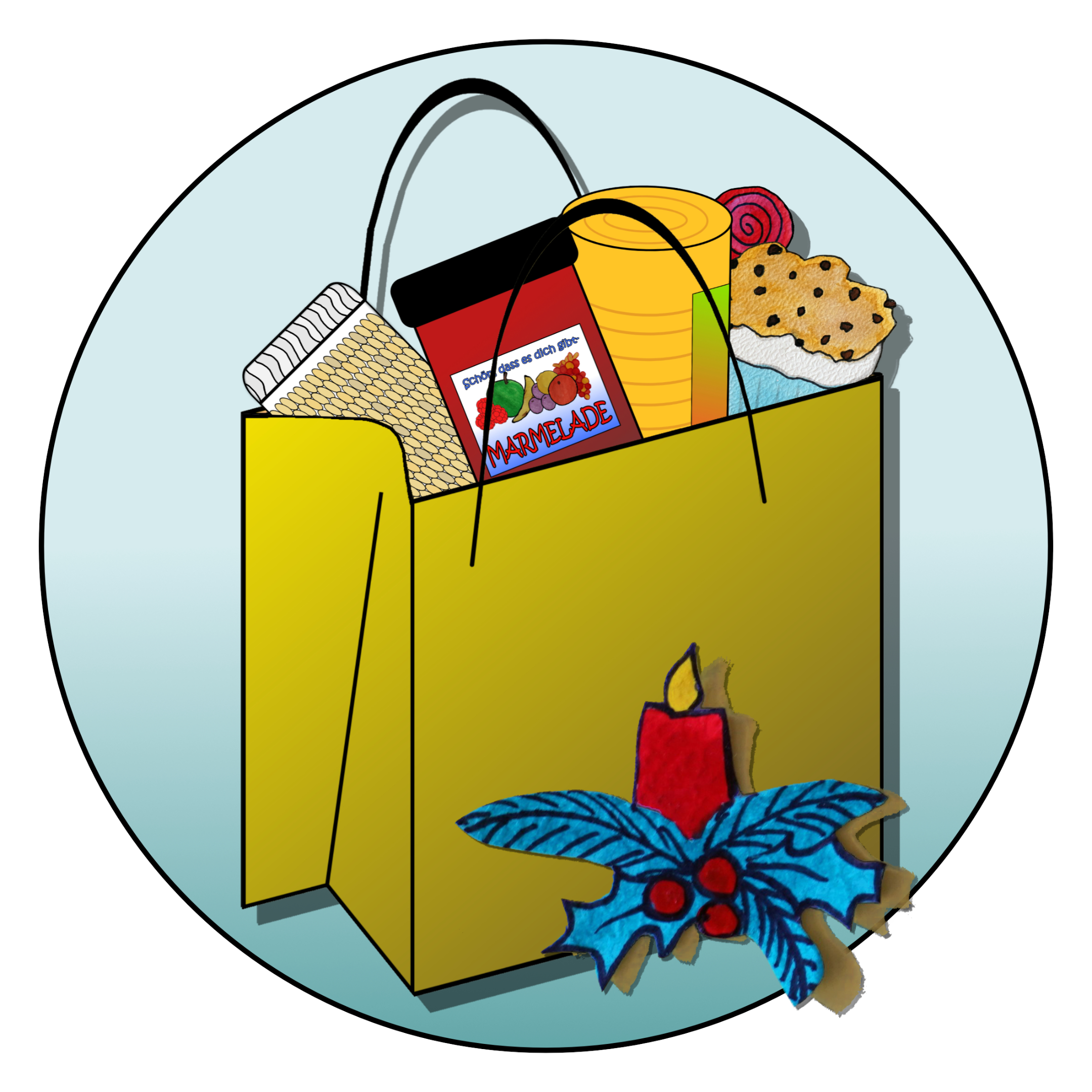 gemaltes Kreisbild: Tüte mit Konserven, Marmeladenglas und Muffin, davor brennende Kerze mit Tannengrün