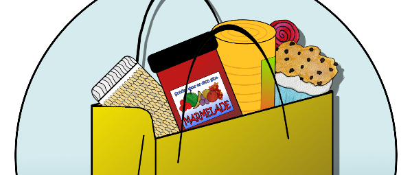 gemaltes Kreisbild: Tüte mit Konserven, Marmeladenglas und Muffin, davor brennende Kerze mit Tannengrün