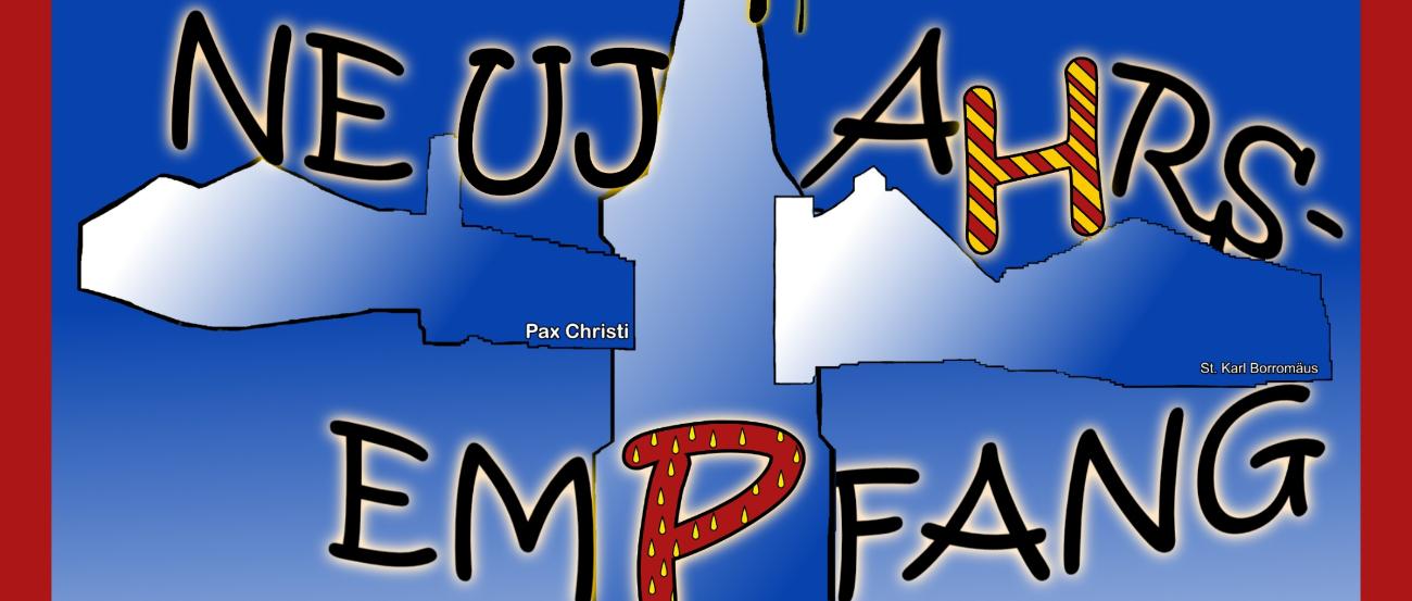 Silhouetten dreier Kirchen mit Schrift und Feuerwerk um das Kreuz auf dem Kirchturm