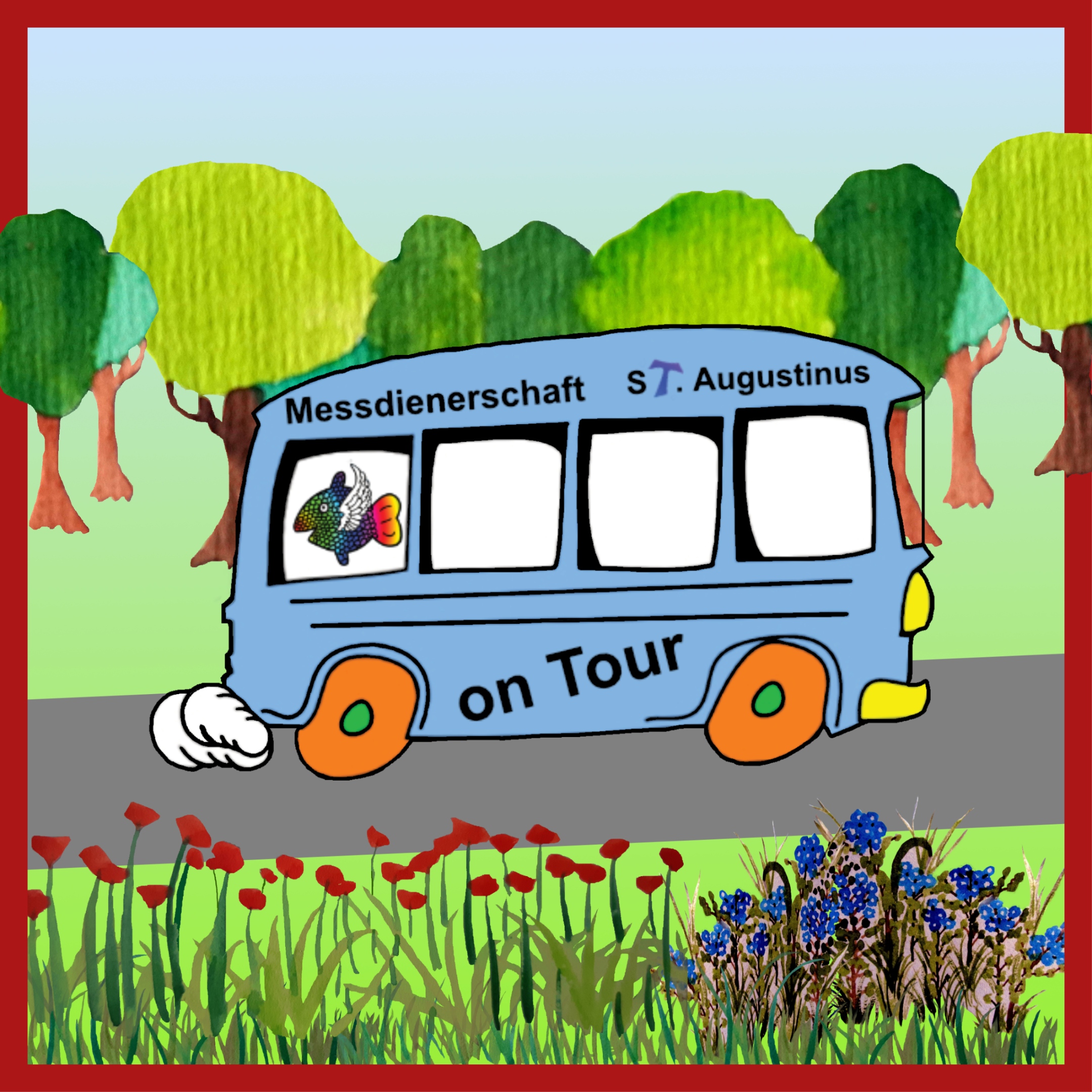 In einem roten Kasten auf farbigem Hintergrund fährt ein hellblauer Bus mit orangenen Reifen. Auf dem Bus steht die Aufschrift 'Messdienerschaft St. Augustinus on Tour'. Zudem ist das Logo der Messdienerschaft zu sehen. Im Hintergrund finden sich unterschiedlich farbige Bäume.