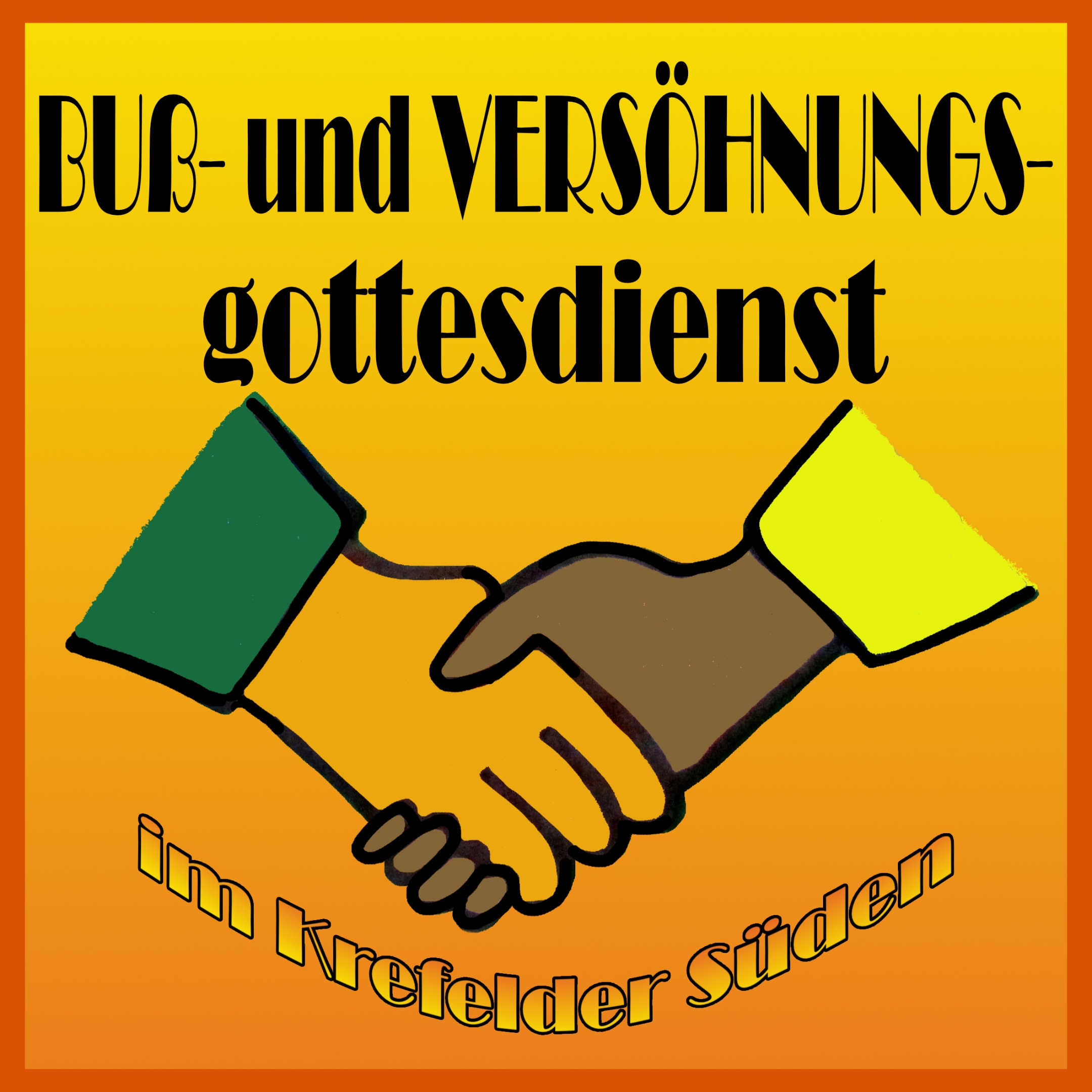 zwei verschiedenfarbige Hände ineinander verschränkt, Darüber: Titel; darunter: im Krefelder Süden