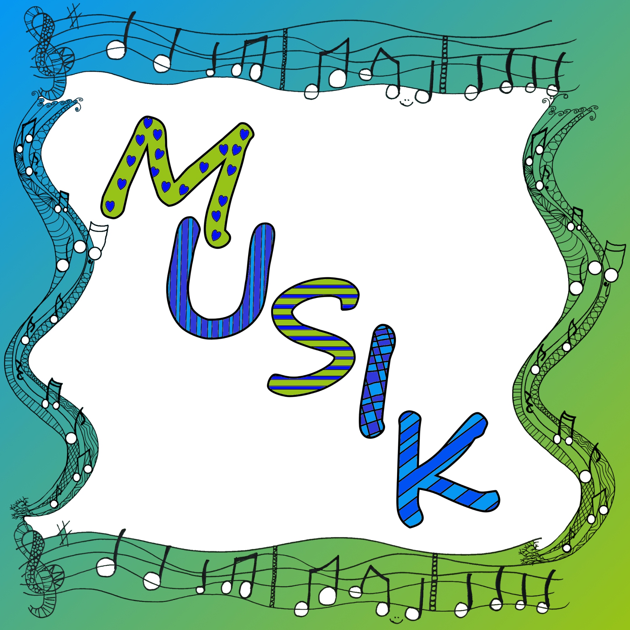 In farbigen Buchstaben das Wort: Musik umrahmt von Notenlinien mit Moten