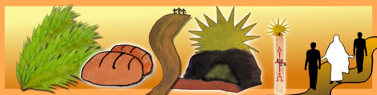 Zeichnung v.l.n.r.: Palmzweige, Brote, Weg mit 3 Kreuzen, Grabhöhle, Osterkerze, drei Männer auf einem Weg