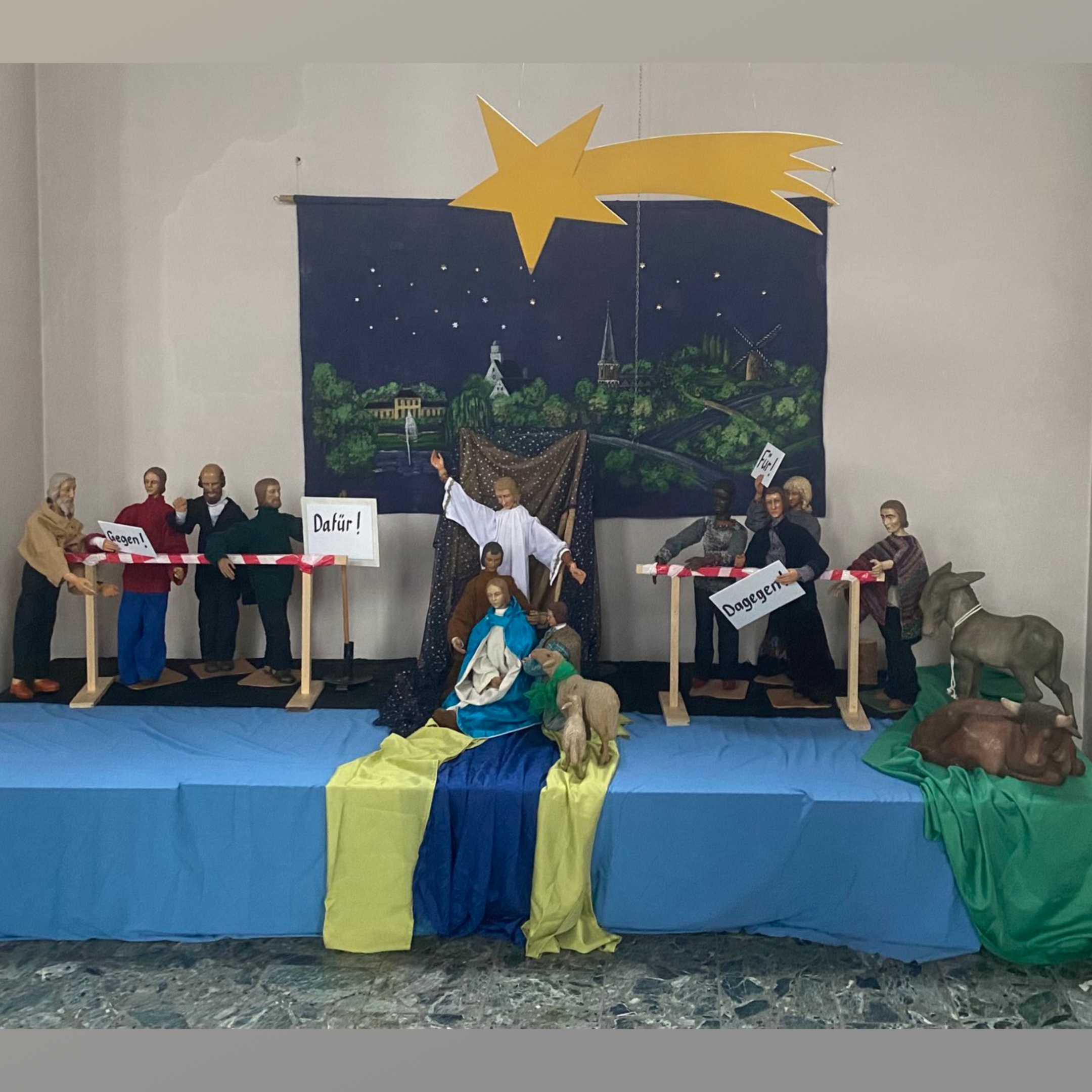 Krippendrastellung mit moderner Interpratione: Gruppe Dafür+ Gruppe Dagegen - unversöhnlich gegeneinander