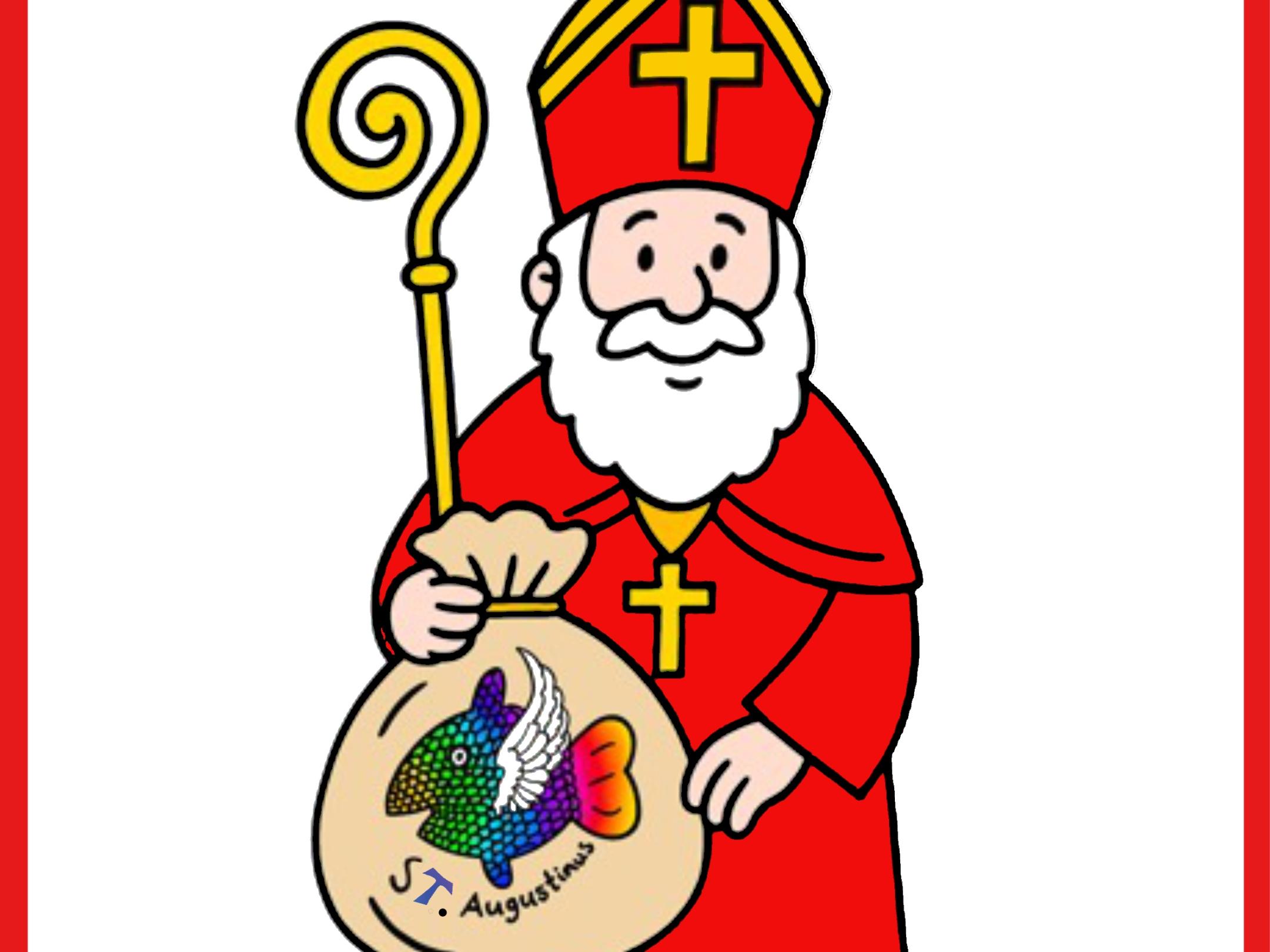 n einem roten Rechteck ein älterer Mann mit rotem Gewand und Mitra. In seiner Hand hält er einen goldenen Bischofsstab und einen Sack, worauf das Logo der Messdienerschaft zu sehen ist. Zudem finden sich zwei goldene Kreuze, eins auf der Kleidung und eins auf Mitra.