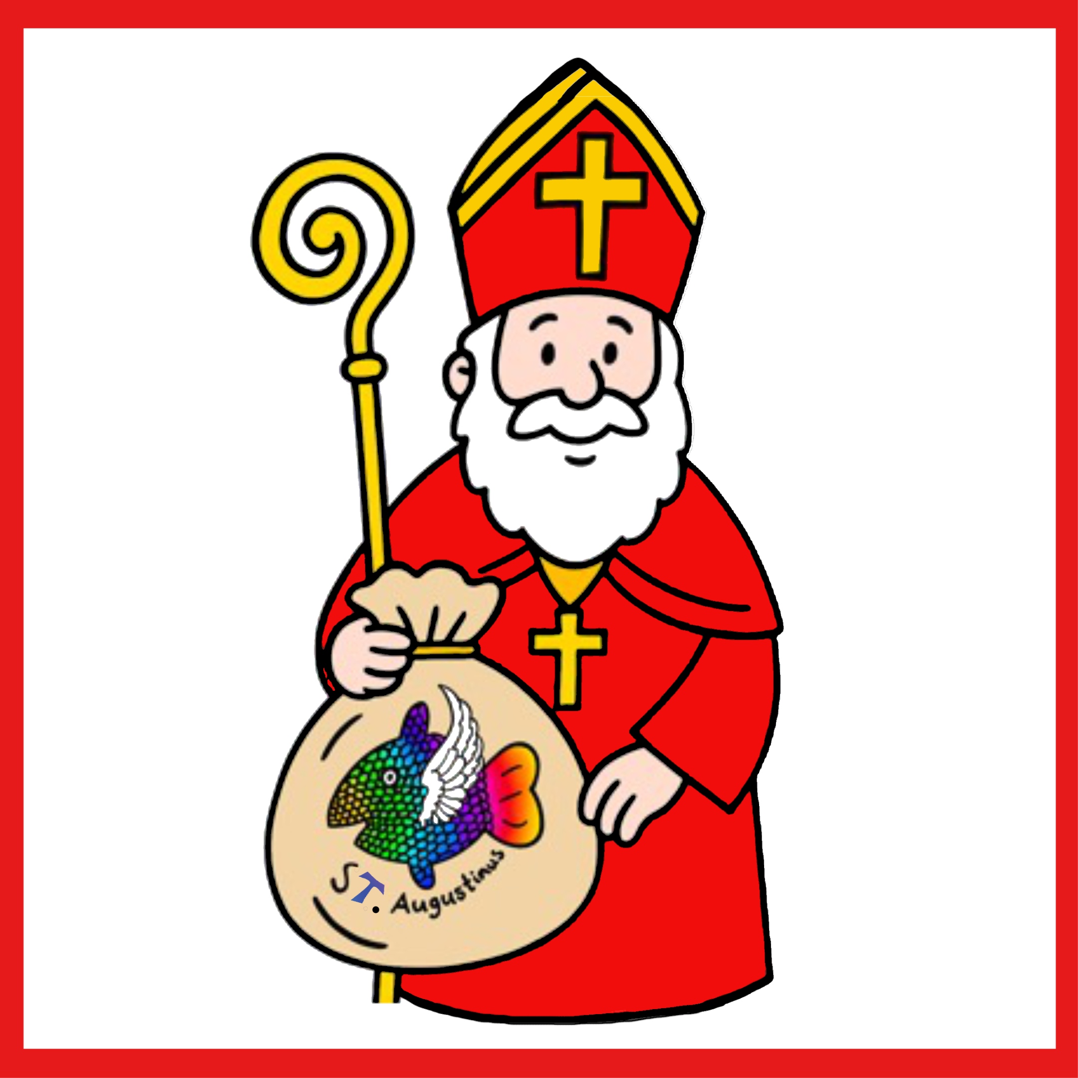 n einem roten Rechteck ein älterer Mann mit rotem Gewand und Mitra. In seiner Hand hält er einen goldenen Bischofsstab und einen Sack, worauf das Logo der Messdienerschaft zu sehen ist. Zudem finden sich zwei goldene Kreuze, eins auf der Kleidung und eins auf Mitra.