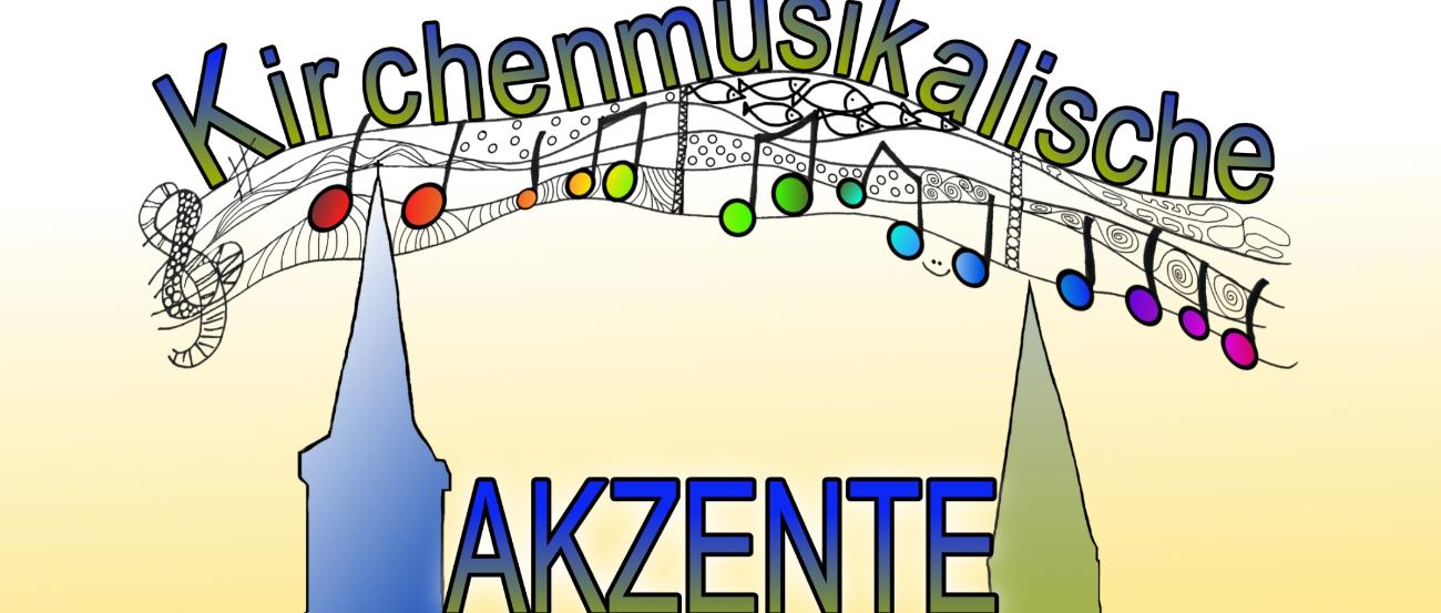 Notenlinien mit farbigen Noten verbinden zwei Kirchtürme, dazwischen Titel