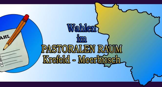 gemalter Kreis mit Wahlzettel und Stift in der Mitte die Überschrift und rechts die Karte des Pastoralen Raumes