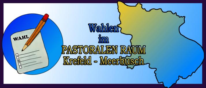 gemalter Kreis mit Wahlzettel und Stift in der Mitte die Überschrift und rechts die Karte des Pastoralen Raumes