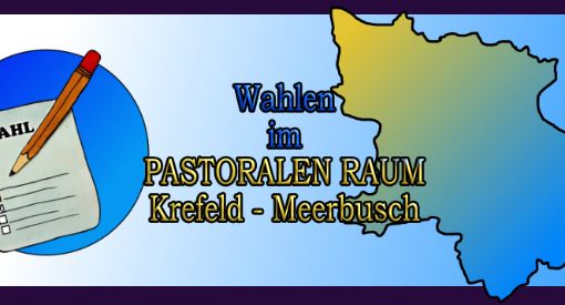 gemalter Kreis mit Wahlzettel und Stift in der Mitte die Überschrift und rechts die Karte des Pastoralen Raumes