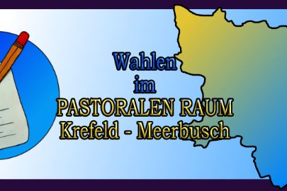 gemalter Kreis mit Wahlzettel und Stift in der Mitte die Überschrift und rechts die Karte des Pastoralen Raumes