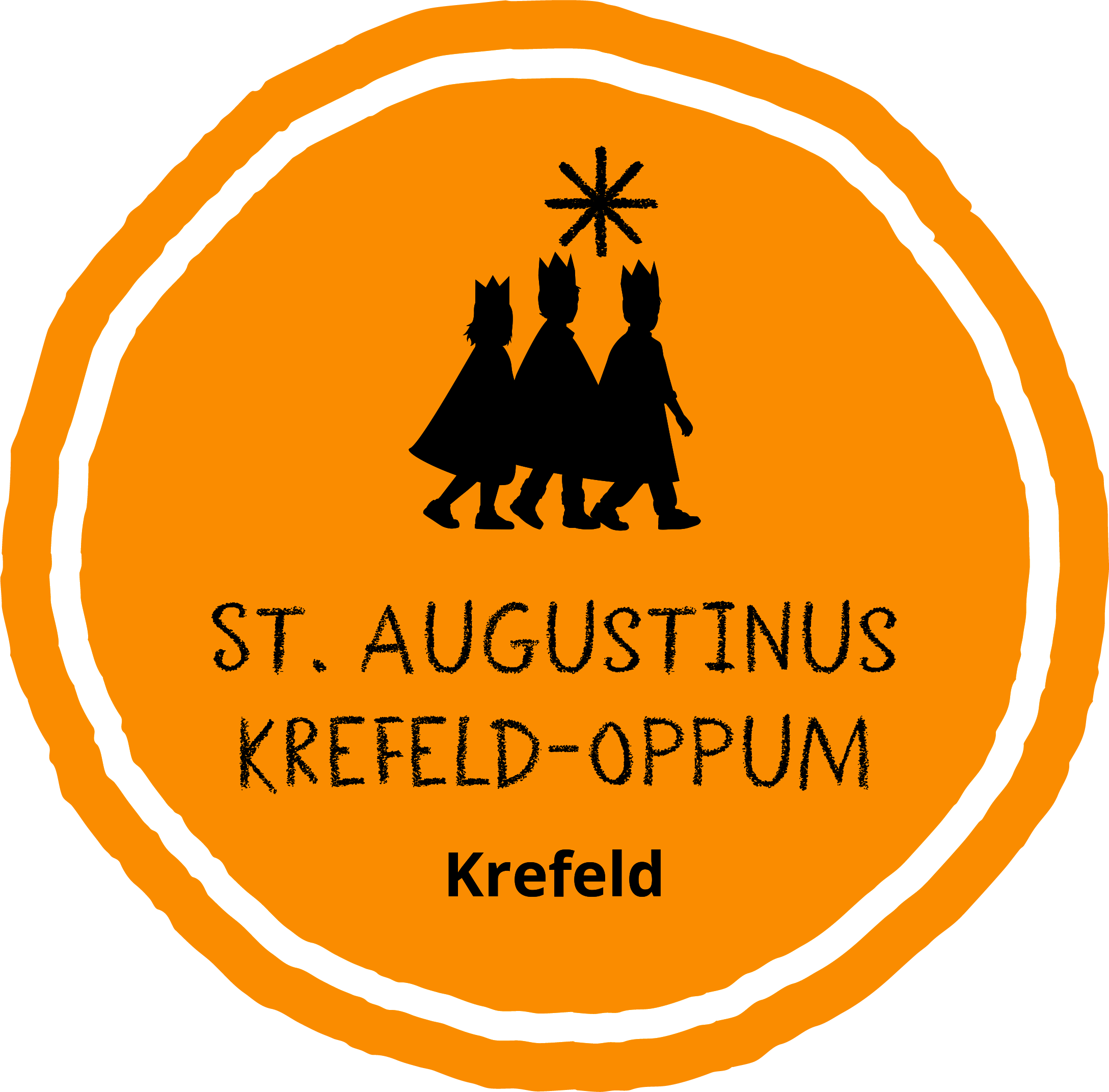 nicht ganz runden Kreis darin als Scherenschnitt: drei Könige mit Stern, darunter Schrift