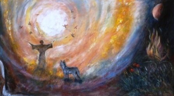 gemalt: Franziskus geht der Sonne mit ausgebreiteten Armen entgegen, ein Wolf und mehrere Vögel folgen ihm