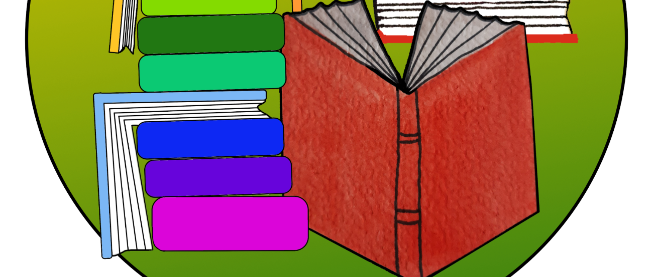 bunter Bücherstapel mit einem geöffneten Buch